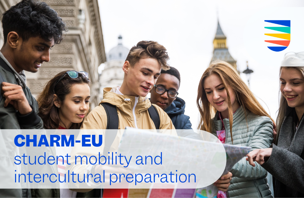 CHARM-EU student mobility with an imgage of a group of students